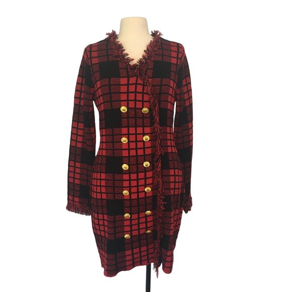 Venus  Red Black Plaid Tartan Long Sleeve Fringe Sweater Dress, Holiday Party, L - Picture 1 of 11